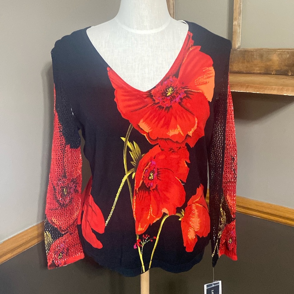 Nygard collection black & red floral 3/4 sleeve v neck sweater size petite L